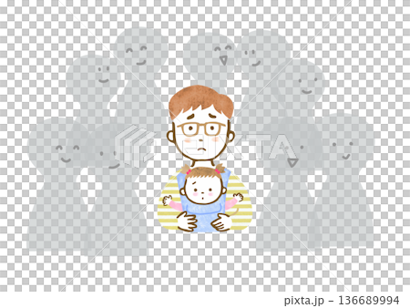 Illustration of a father feeling lonely while holding a young boy in a baby carrier Illustration of a father feeling lonely while holding a young boy in a baby carrier 136689994