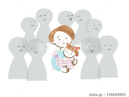 スリングで幼い女の子を抱いた、孤独を感じている母親のイラスト スリングで幼い女の子を抱いた、孤独を感じている母親のイラスト 136689995