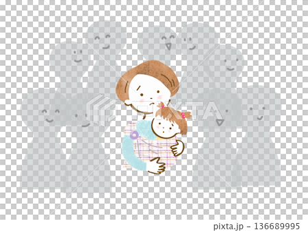 スリングで幼い女の子を抱いた、孤独を感じている母親のイラスト スリングで幼い女の子を抱いた、孤独を感じている母親のイラスト 136689995