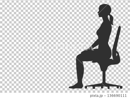 Silhouette of a woman sitting on a chair with correct posture, full body sideways, profile 136690111