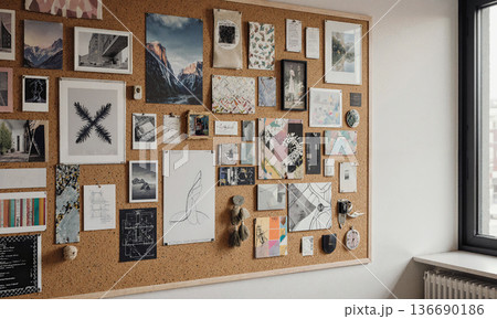 Corkboard moodboard inspiration wall of photos and sketches used to spark creative ideas in a professional design studio Corkboard moodboard inspiration wall of photos and sketches used to spark creative ideas in a professional design studio 136690186