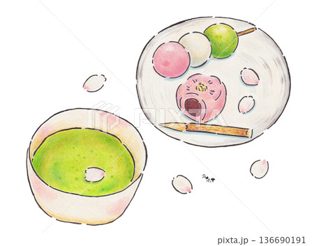 お抹茶と春の和菓子のイラスト 136690191