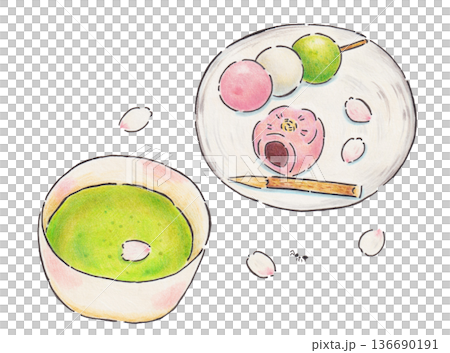 お抹茶と春の和菓子のイラスト 136690191