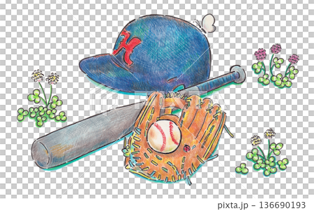 春の植物とバット、グローブのイラスト 春の植物とバット、グローブのイラスト 136690193