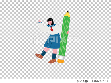 拿著鉛筆的女學生插畫素材 136690424