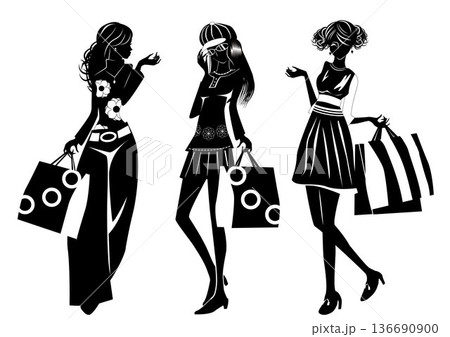 ショッピング、女性、モノクロ 136690900
