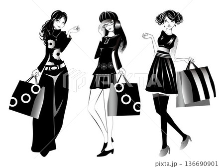 ショッピング、女性、モノクロ ショッピング、女性、モノクロ 136690901