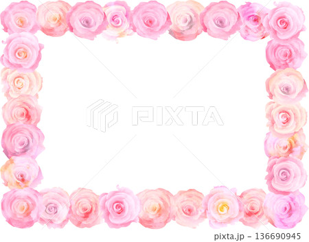 水彩風ピンクのバラのフレームイラスト・長方形 136690945