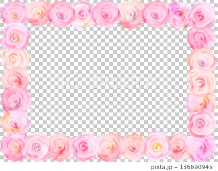 水彩風ピンクのバラのフレームイラスト・長方形 136690945