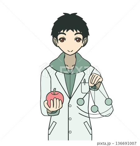 リンゴと振り子を持つ物理学者の男性イラスト 科学教育 136691007