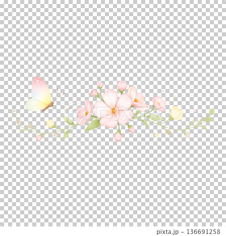 蝴蝶花框橫向粉彩水彩春季自然插畫剪貼素材 136691258