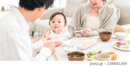 食卓で赤ちゃんに離乳食,ご飯を食べさせる母親と父親（育児・子育て） 136691269
