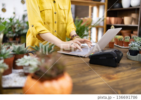 A person in a yellow shirt works on a laptop at a plant shop, surrounded by various potted plants and succulents A person in a yellow shirt works on a laptop at a plant shop, surrounded by various potted plants and succulents 136691786