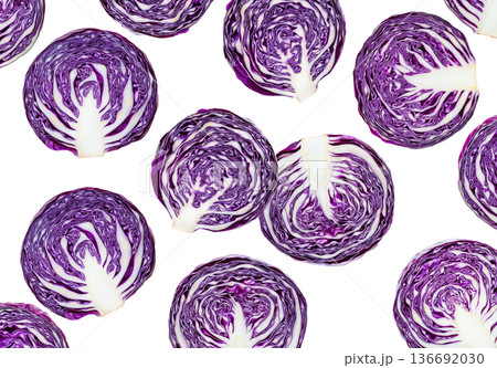 Sliced red cabbage halves displayed in a seamless pattern, isolated on white background, concept of healthy organic food 136692030