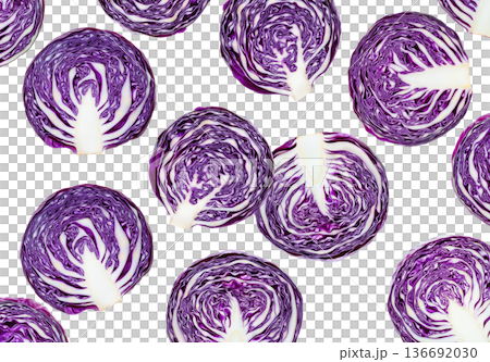Sliced red cabbage halves displayed in a seamless pattern, isolated on white background, concept of healthy organic food Sliced red cabbage halves displayed in a seamless pattern, isolated on white background, concept of healthy organic food 136692030