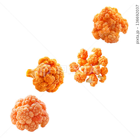 Multiple orange cauliflower florets displayed in seamless organic pattern style on white background, concept of healthy food Multiple orange cauliflower florets displayed in seamless organic pattern style on white background, concept of healthy food 136692037
