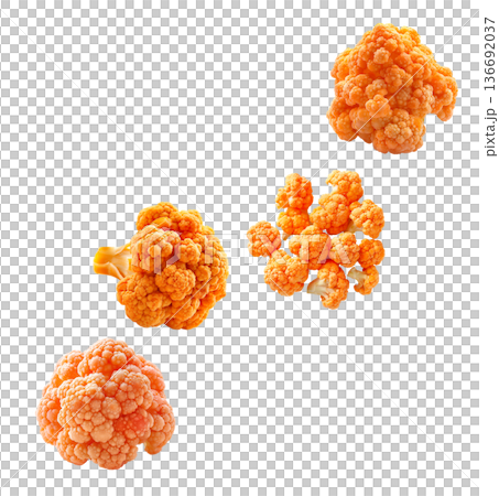 Multiple orange cauliflower florets displayed in seamless organic pattern style on white background, concept of healthy food Multiple orange cauliflower florets displayed in seamless organic pattern style on white background, concept of healthy food 136692037