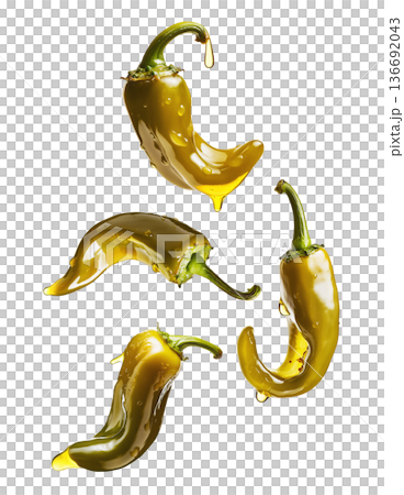 Shiny green chili peppers covered in oil, isolated on white background, emphasizing food freshness and culinary splash concept 136692043