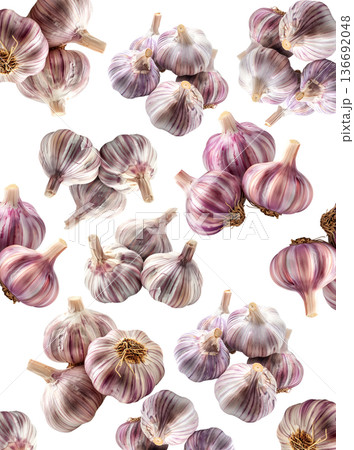 Multiple whole garlic bulbs arranged in a seamless pattern, isolated on white background. Concept of organic food and culinary spice Multiple whole garlic bulbs arranged in a seamless pattern, isolated on white background. Concept of organic food and culinary spice 136692048