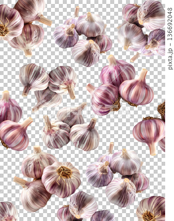 Multiple whole garlic bulbs arranged in a seamless pattern, isolated on white background. Concept of organic food and culinary spice Multiple whole garlic bulbs arranged in a seamless pattern, isolated on white background. Concept of organic food and culinary spice 136692048