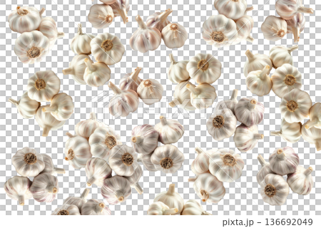 Multiple whole garlic bulbs arranged in a seamless pattern, isolated on white background. Concept of organic food and culinary spice Multiple whole garlic bulbs arranged in a seamless pattern, isolated on white background. Concept of organic food and culinary spice 136692049