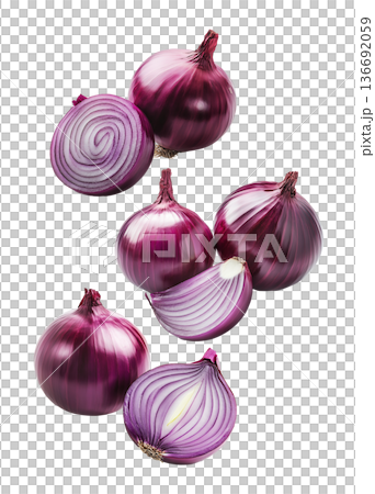 Multiple whole and sliced red onions isolated on white background, showcasing fresh food and culinary concept Multiple whole and sliced red onions isolated on white background, showcasing fresh food and culinary concept 136692059