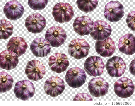 Whole purple garlic bulbs arranged in a scattered seamless pattern, isolated on white background, concept of organic food 136692060