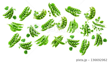 Fresh green pea pods with dew and leaves arranged in a seamless pattern on white background. Concept of healthy organic food 136692062