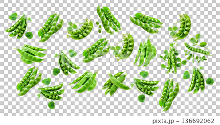 Fresh green pea pods with dew and leaves arranged in a seamless pattern on white background. Concept of healthy organic food Fresh green pea pods with dew and leaves arranged in a seamless pattern on white background. Concept of healthy organic food 136692062