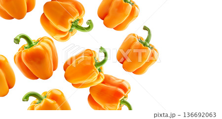 Multiple fresh orange bell peppers scattered in a seamless pattern, isolated on white background, concept of healthy food 136692063