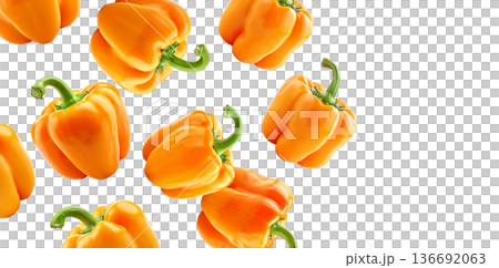 Multiple fresh orange bell peppers scattered in a seamless pattern, isolated on white background, concept of healthy food 136692063