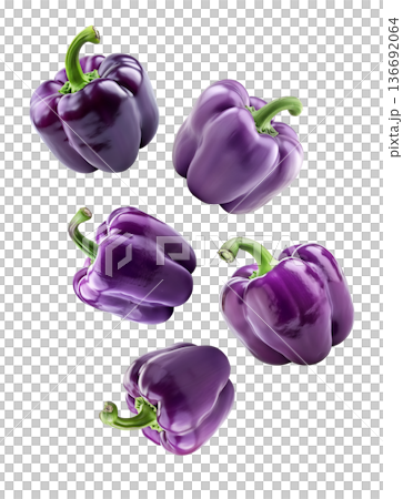 Multiple purple bell peppers arranged in a seamless, isolated on white background, concept of healthy food and vegetables 136692064