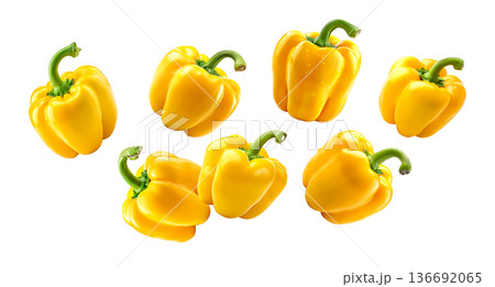 Multiple fresh yellow bell peppers scattered in a seamless pattern, isolated on white background, concept of healthy food 136692065