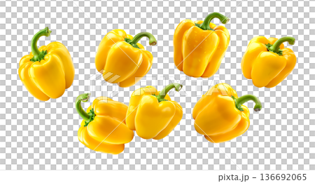 Multiple fresh yellow bell peppers scattered in a seamless pattern, isolated on white background, concept of healthy food 136692065