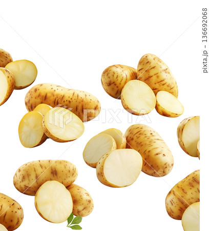 Fresh raw potatoes with skin, scattered and isolated on white background, concept of organic food ingredients 136692068