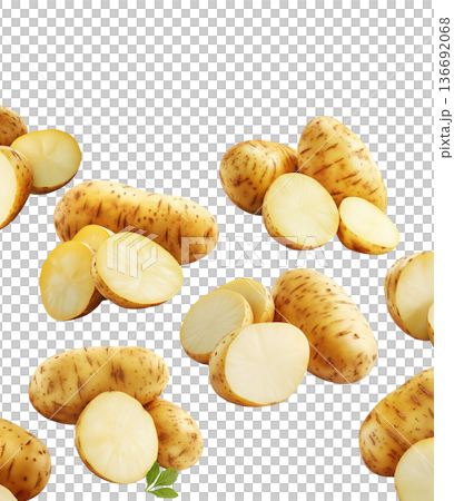 Fresh raw potatoes with skin, scattered and isolated on white background, concept of organic food ingredients 136692068