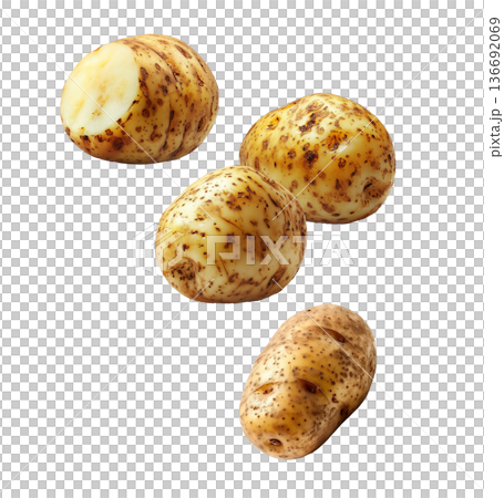 Fresh raw potatoes with skin, scattered and isolated on white background, concept of organic food ingredients Fresh raw potatoes with skin, scattered and isolated on white background, concept of organic food ingredients 136692069