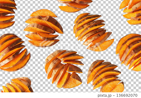 Piles of sweet potato slices placed randomly, isolated on white background, concept of healthy snack food 136692070