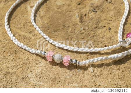 Elegant white braided show lead for dogs with pink beads Elegant white braided show lead for dogs with pink beads 136692112