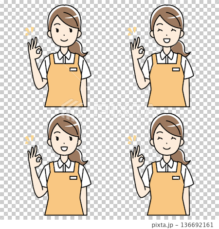 Illustration of a woman in an apron smiling and making an OK sign Illustration of a woman in an apron smiling and making an OK sign 136692161