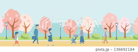 桜並木を歩く通勤・通学の人々のバナーイラスト 136692184