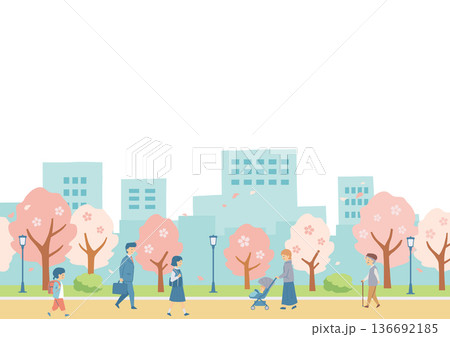 桜並木を歩く人々のイラスト 桜並木を歩く人々のイラスト 136692185