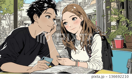 仲良く二人で旅行の計画を立てている若いカップル