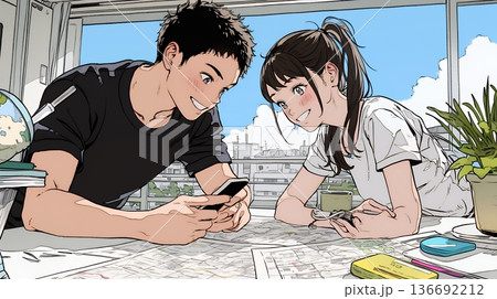 仲良く二人で旅行の計画を立てている若いカップル