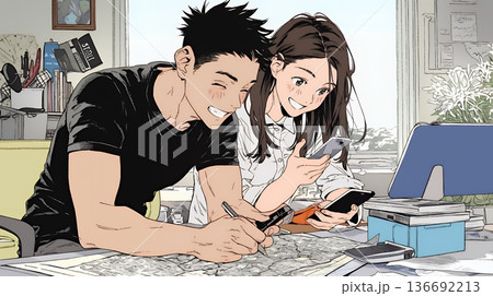 仲良く二人で旅行の計画を立てている若いカップル