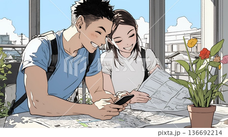 仲良く二人で旅行の計画を立てている若いカップル