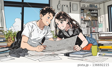 仲良く二人で旅行の計画を立てている若いカップル 136692215
