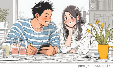 仲良く二人で旅行の計画を立てている若いカップル