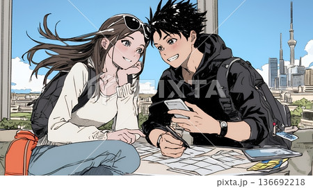 仲良く二人で旅行の計画を立てている若いカップル