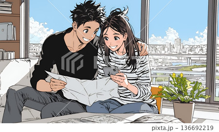 仲良く二人で旅行の計画を立てている若いカップル